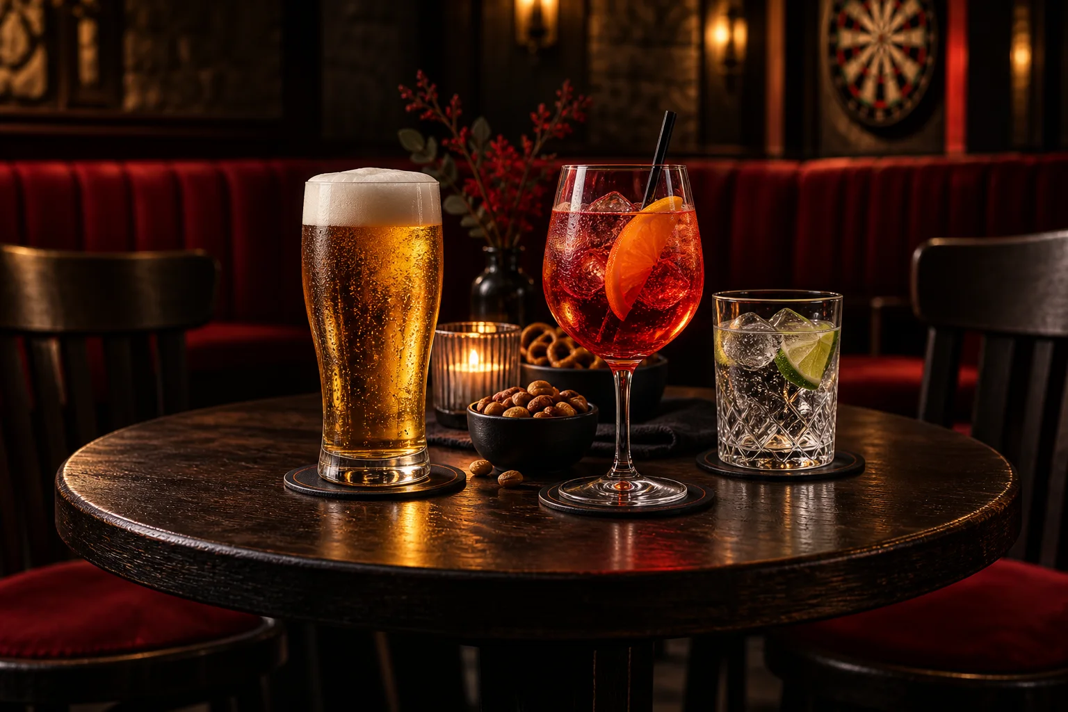 Illustration: eine Getränkerunde in gemütlicher Bar-Atmosphäre